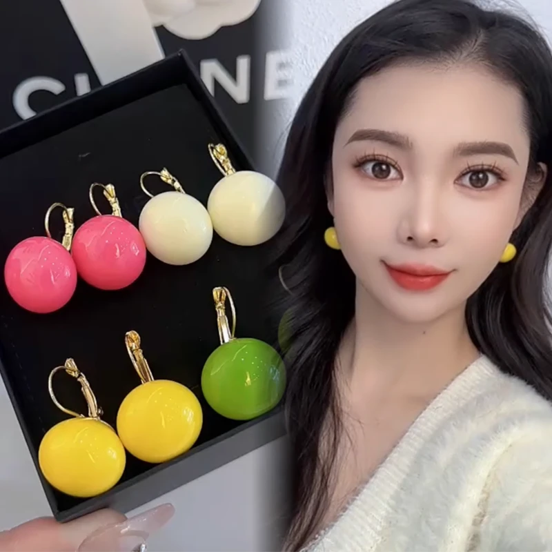 合金耳饰 法式马卡龙彩色糖果珠珠立体耳挂百搭清新圆形耳环女款
