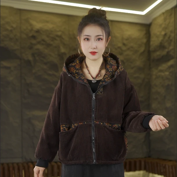 冬季新款灯芯绒加绒加棉加厚时尚复古连帽棉衣棉服牛仔棉袄2659