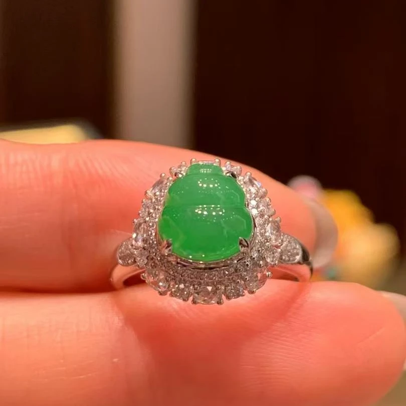 天然A货缅甸翡翠 18k金镶嵌 葫芦 满绿 水润 戒指 881315