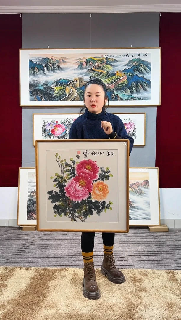 国画手绘斗方牡丹62*62尺寸