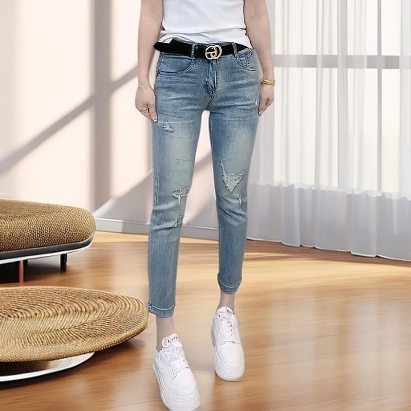 2025新款夏季薄款高腰弹力破洞牛仔裤女重工修身显瘦九分烟管裤子