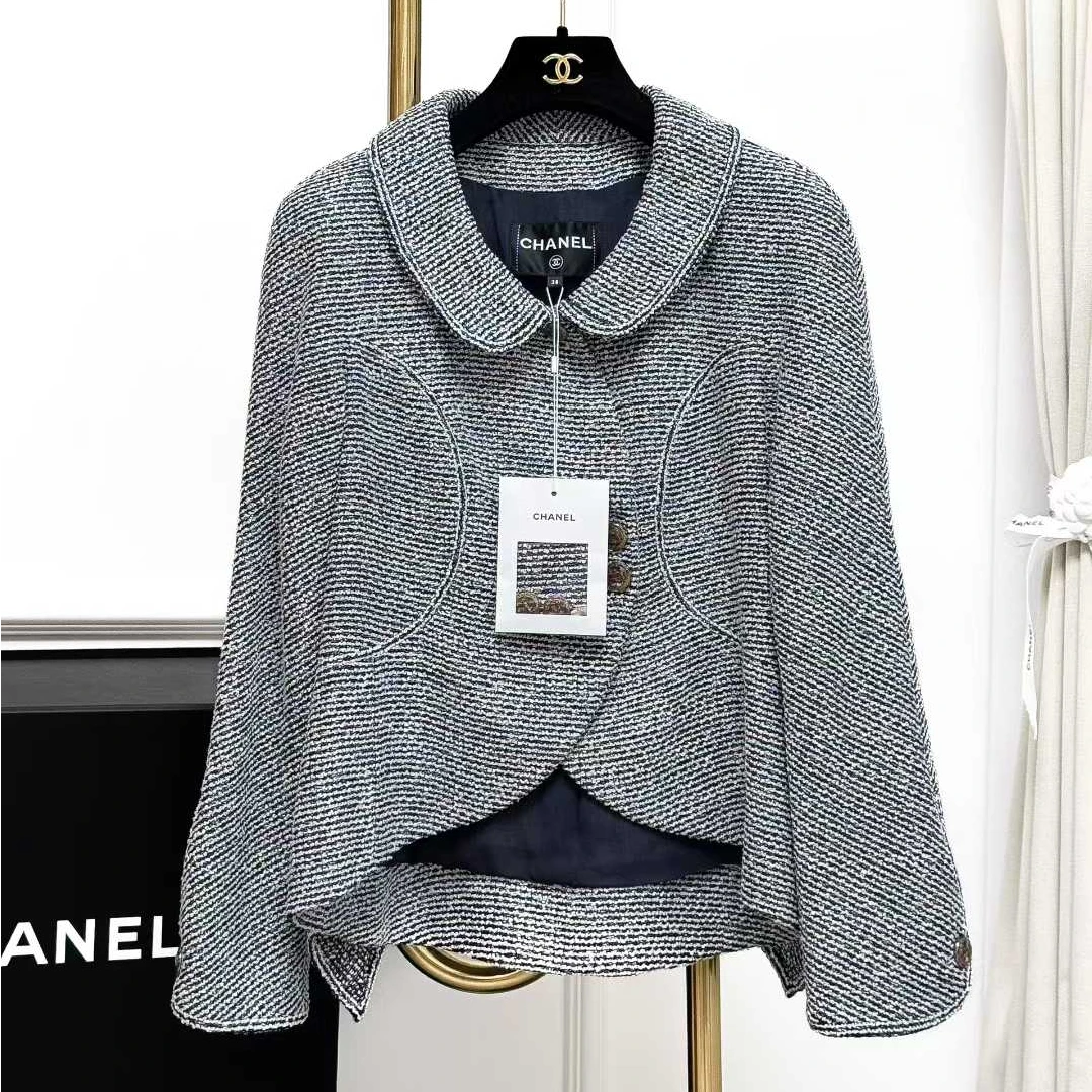 99新 Chanel/香奈儿 36码20P蓝绿细闪细格纹翻领不规则下摆外套