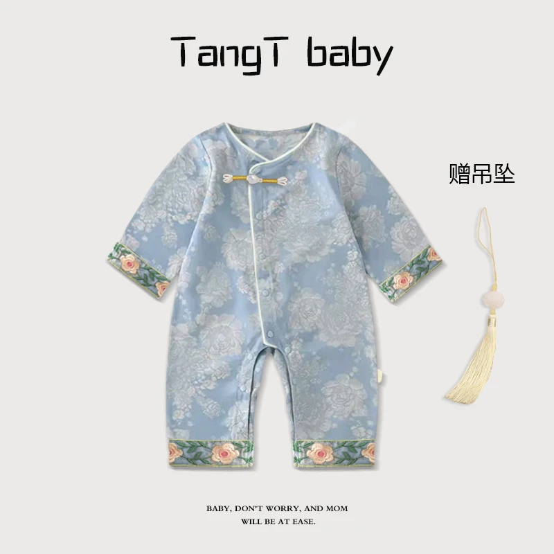 森系女婴儿哈衣男宝国风连体爬服新生儿中国风复古周岁新生儿童装