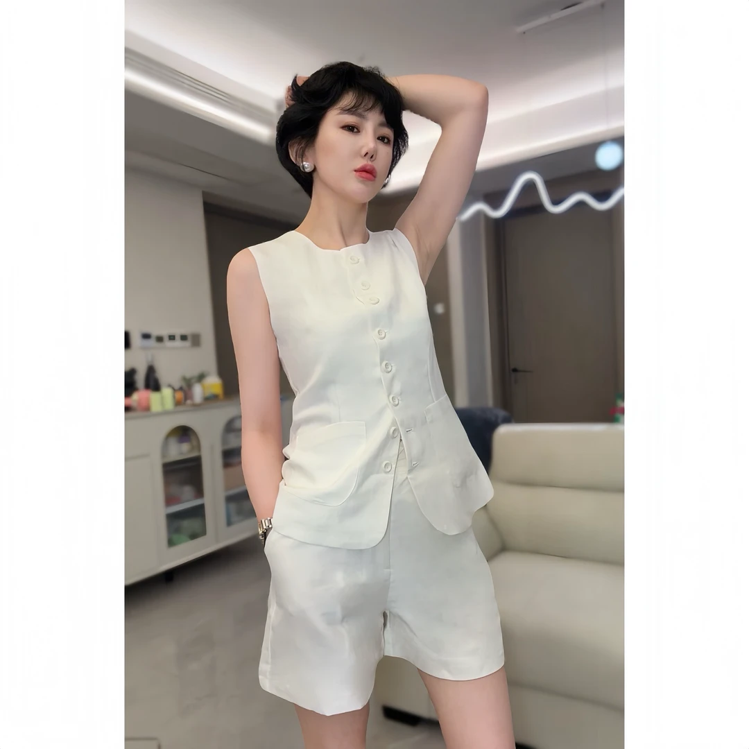 老钱风法式无袖马甲套装女2025夏季薄款气质修身马甲+短裤两件套