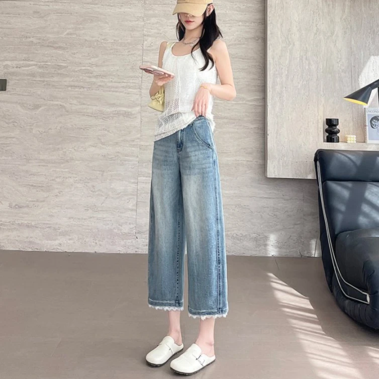 蕾丝八分阔腿牛仔裤女夏薄款设计感小个子直筒高腰宽松显瘦奶奶裤