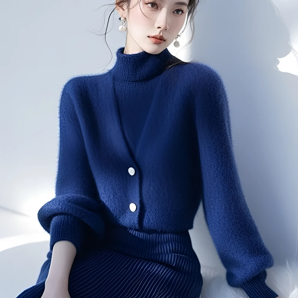 2024冬季新款高级名媛富家千金感穿搭小香风蓝色毛衣针织面料上衣