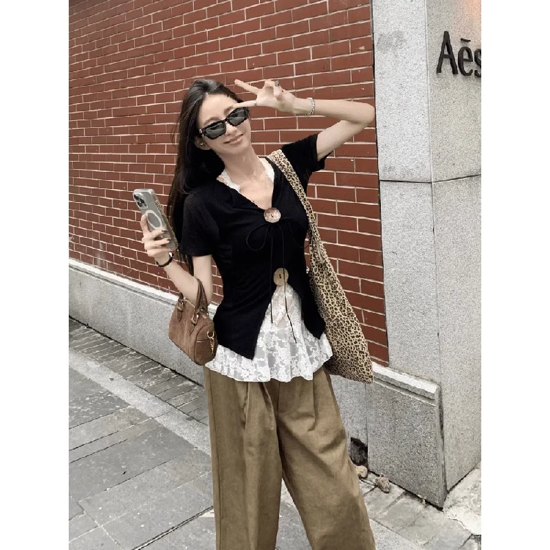 【张漂亮】2025夏季新款短袖黑色T恤内搭蕾丝打底修身收腰显瘦针织