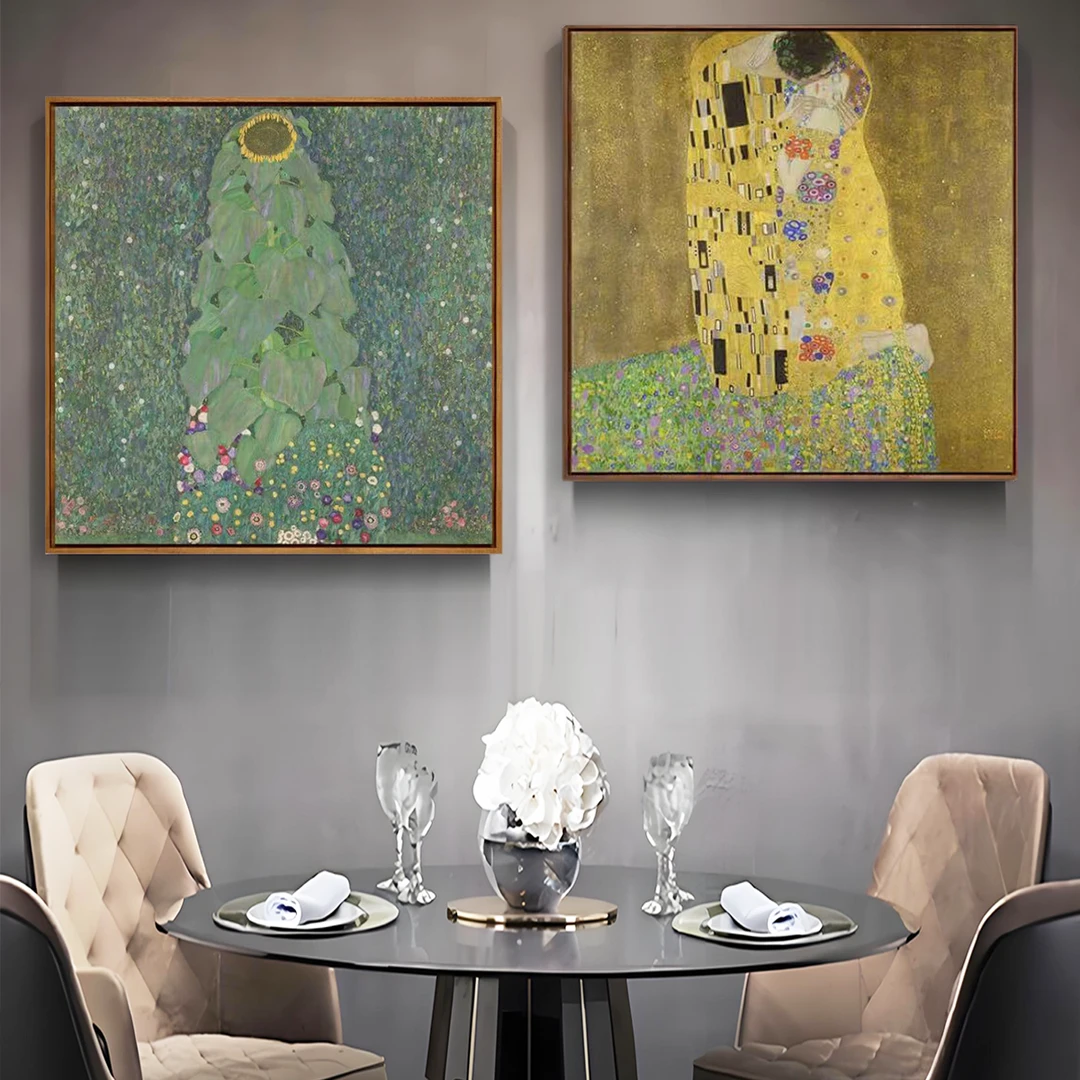 克里姆特 向日葵和吻博物馆复刻版画客厅沙发卧室餐厅轻奢油画