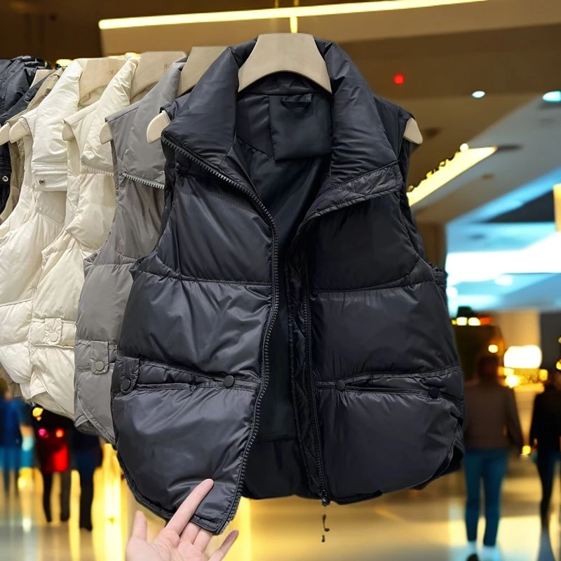 秋冬百搭显瘦立领无袖背心欧洲站羽绒棉服马甲女加厚保暖马夹外穿