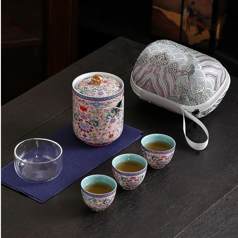 高档珐琅彩一壶三杯旅行茶具包便携式功夫茶具旅行快客杯陶瓷茶壶