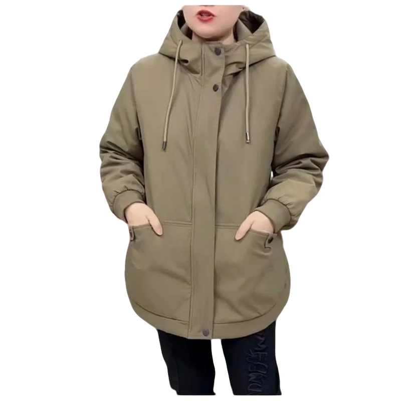 3111加绒加厚过冬纯色大码连帽百搭拉链女士棉服外套宽松