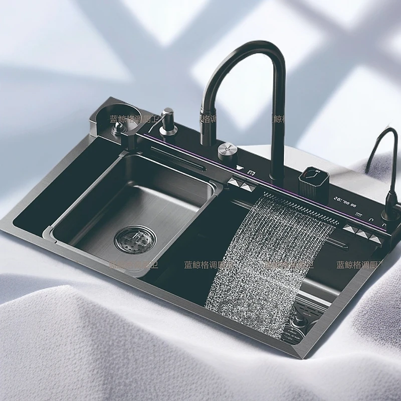 5.0厚按键304不锈钢厨房飞雨瀑布台下洗菜一体盆洗碗池纳米大单槽