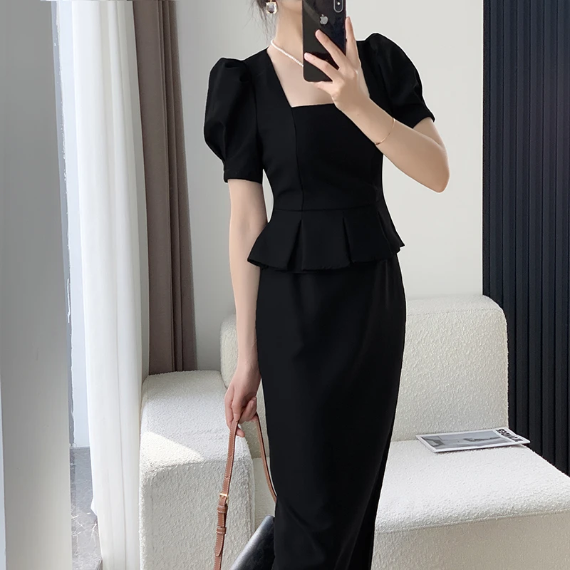 黑色连衣裙女2024夏季新款方领气质赫本风假两件通勤长裙