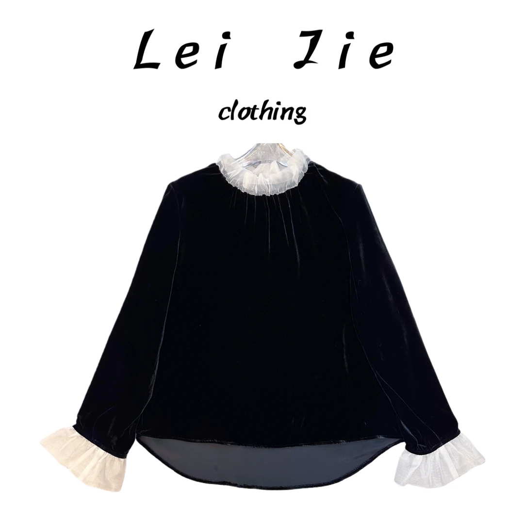 【Lei Jie】100%真丝丝绒拼接欧根纱上衣996