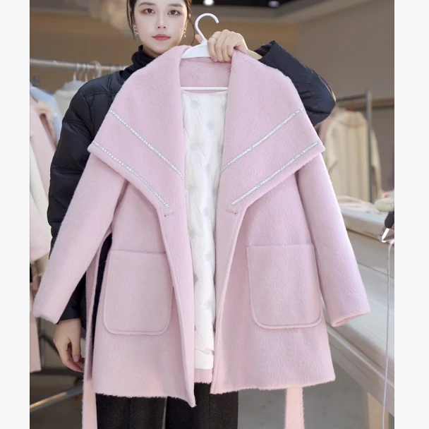 大翻领呢料羽绒大衣 815782