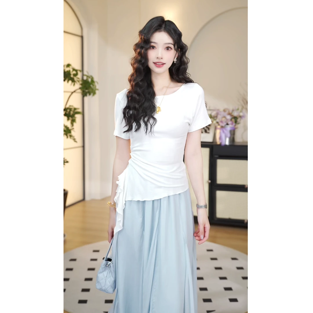 【琪琪】圆领收腰下摆荷叶边短袖T恤女夏季新款修身显瘦上衣