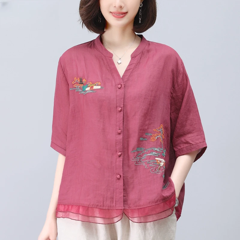 苎麻衬衫女夏2025新款时尚复古绣花T恤中年妈妈洋气减龄中袖上衣
