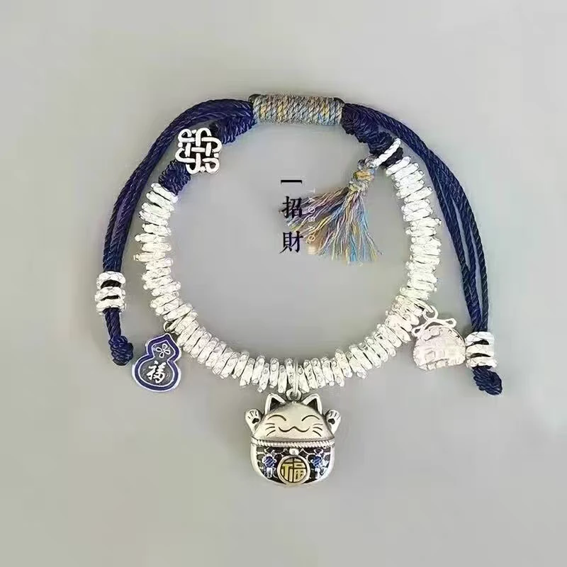 足银布艺手链 足银999.9吞金兽招财猫盘缠手绳纯银手串编织