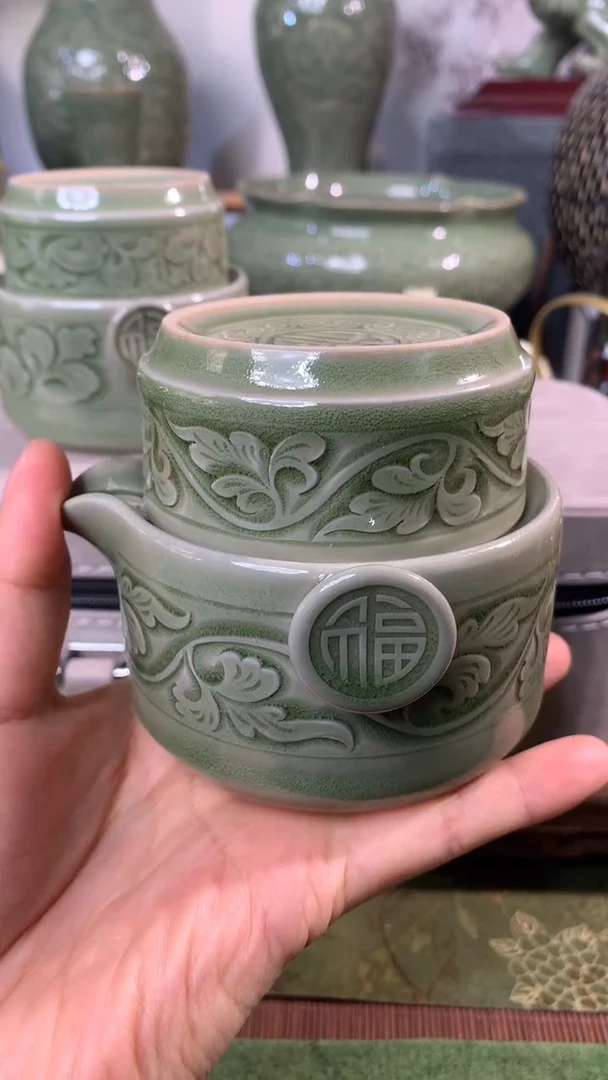 现代耀州窑微瑕冰裂手工刻花福字快客杯一只