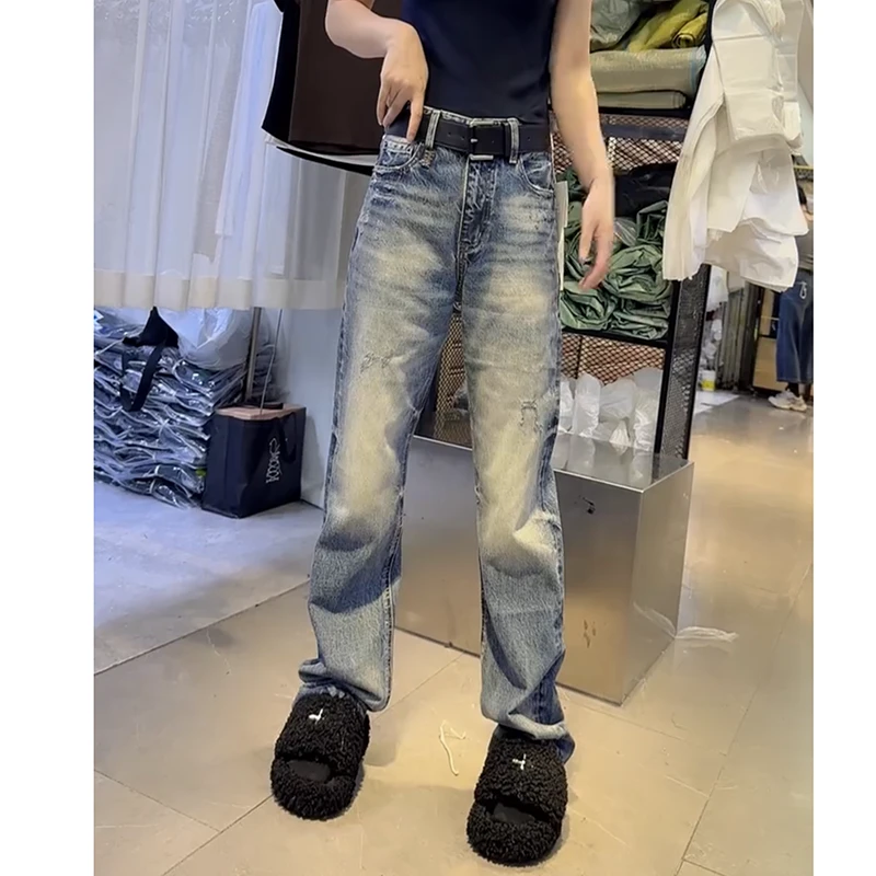 复古窄版直筒牛仔裤女2025秋季新款大码高腰显瘦遮胯阔腿拖地裤子