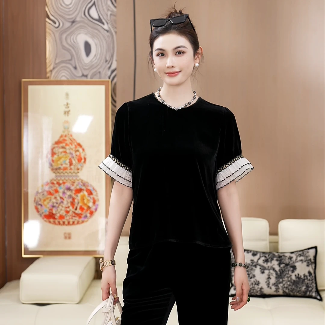 飞舞钉珠真丝丝绒小花边减龄气质百搭显瘦短袖上衣A050615