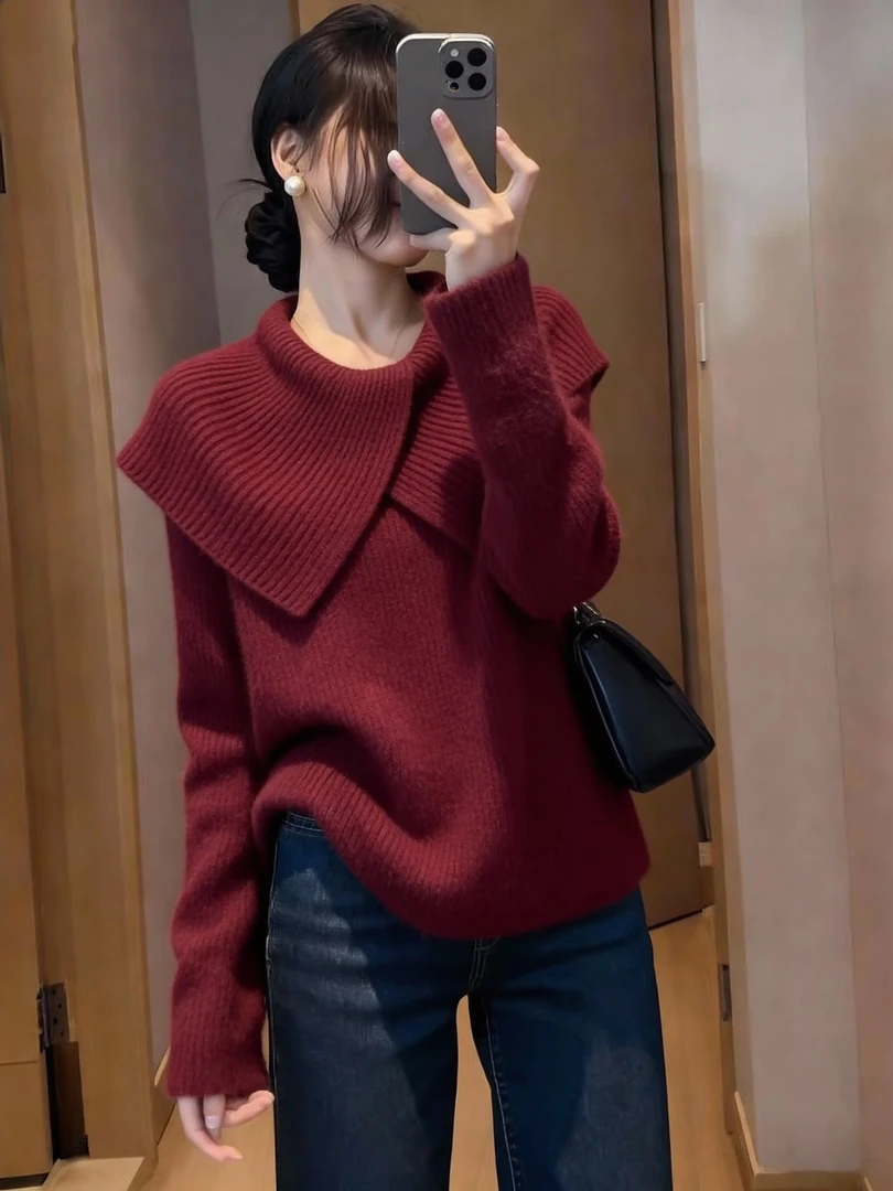 软糯复古百搭时尚娃娃领设计感红色毛衣女2026冬宽松显瘦针织上衣