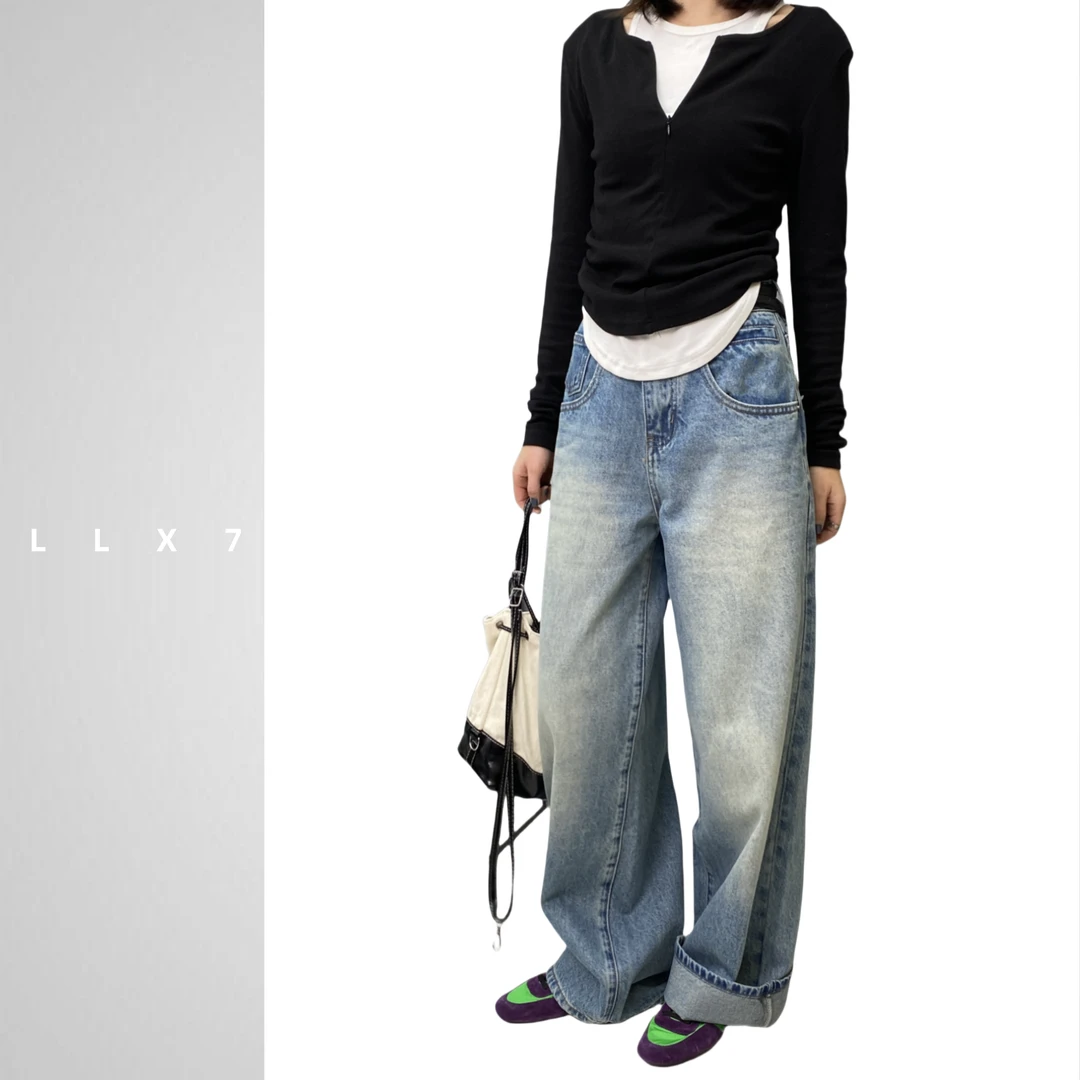 LLX2025早春新款百搭水洗宽直筒裤阔腿牛仔裤休闲百搭不挑腿型