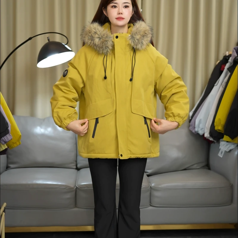 2025冬季新款大毛领加绒加厚冲锋衣宽松显瘦百搭棉衣保暖外套