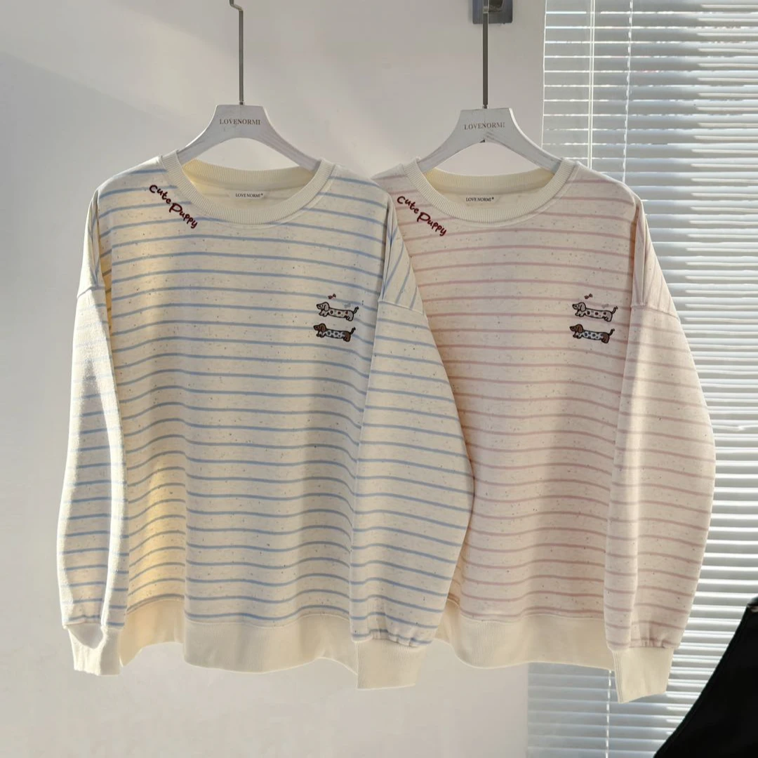 韩版彩点条纹腊肠狗圆领卫衣时尚休闲百搭3990