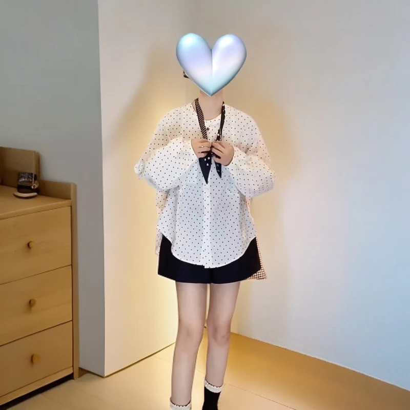 韩版圆领波点印花设计长袖衬衫2025春季减龄显瘦百搭衬衣短裤套装