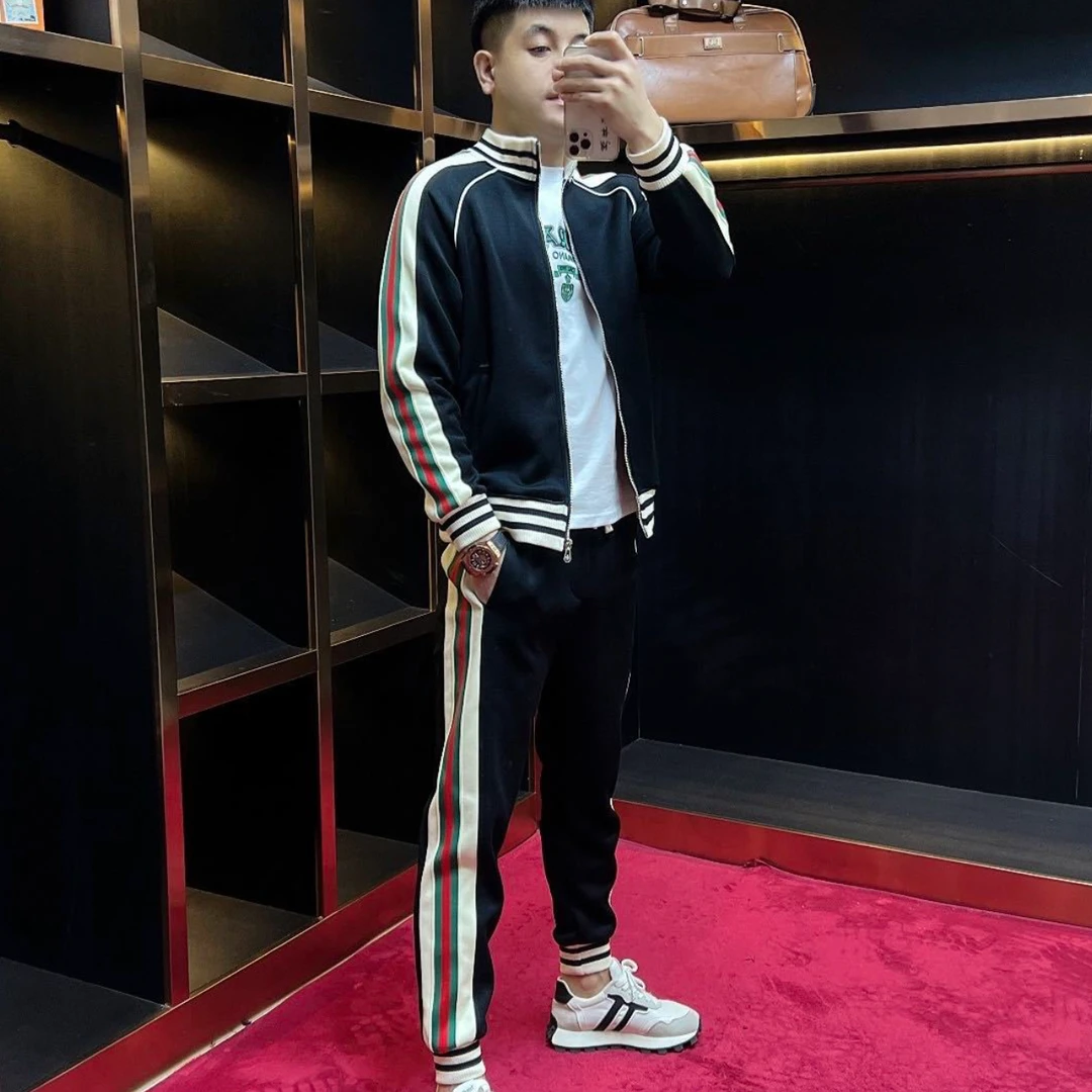 春季新款男士休闲运动套装立领拼接时尚潮流百搭两件套修身拼色款