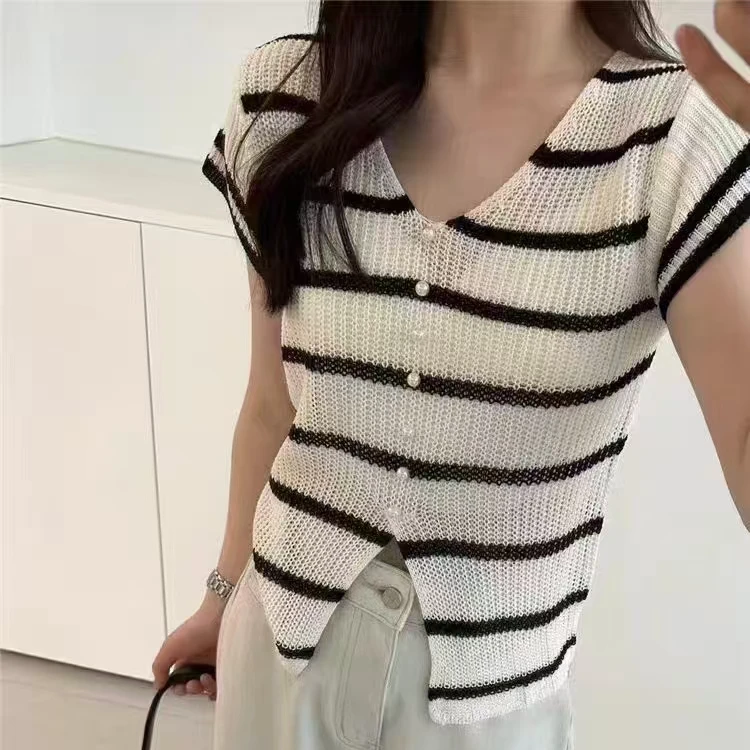韩系时尚条纹修身V领针织衫女2025夏季气质显瘦T恤百搭洋气上衣