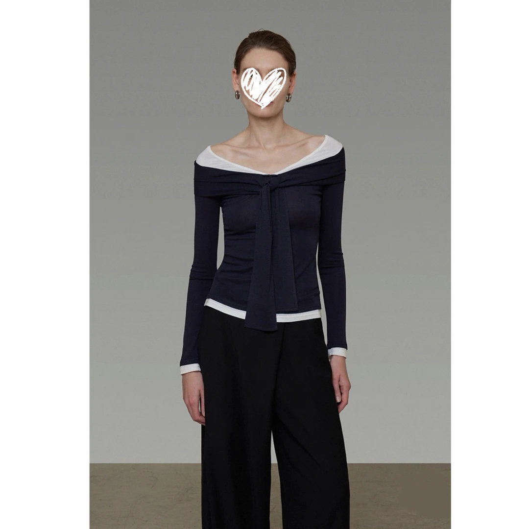 2025早秋新款假两件设计感简约时尚撞色一字肩针织衫