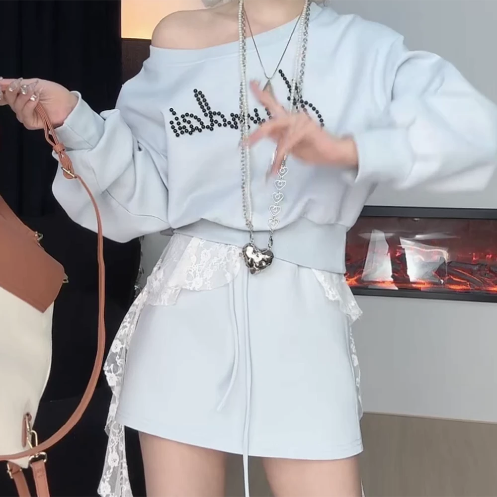 【心动讯号】白月光显瘦休闲露肩钉珠撞色卫衣半身裙套装两件套