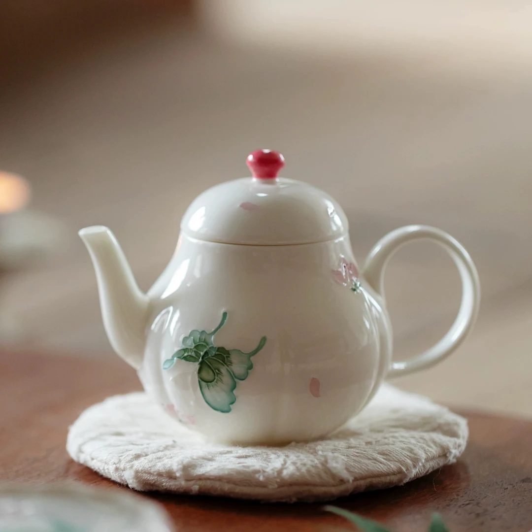 桃落戏蝶-瓜棱壶 景德镇手绘茶壶釉下彩陶瓷家用高颜值过滤泡茶壶