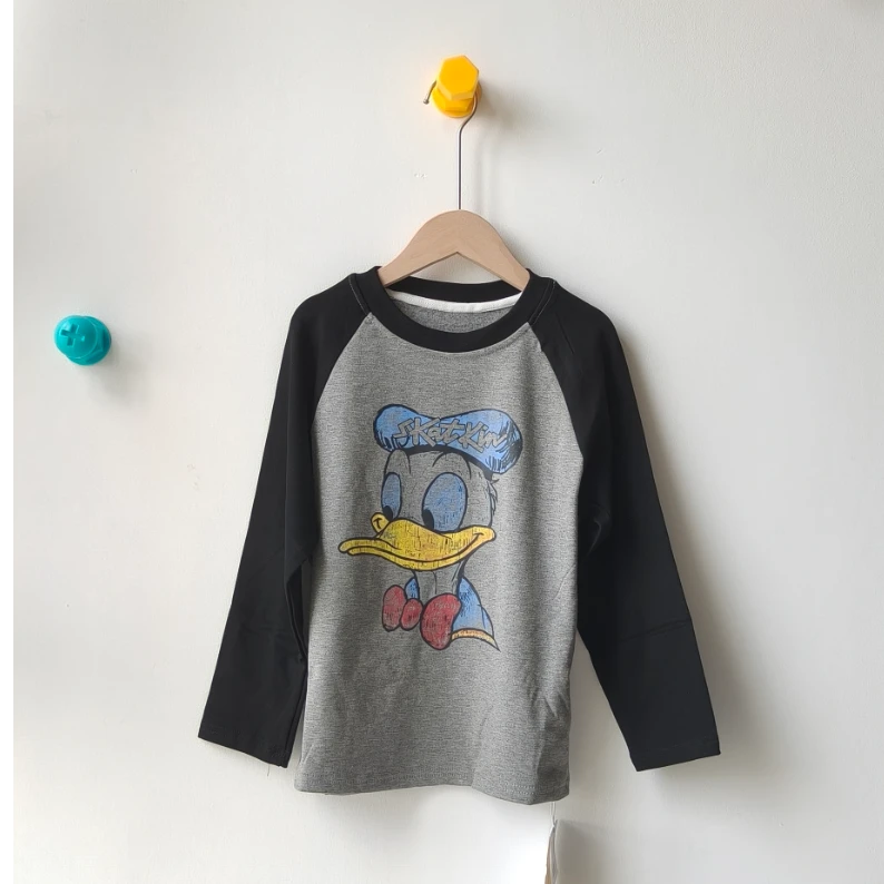 2025春秋季新款韩版男女同款中大童卡通印花唐老鸭撞色薄绒长袖