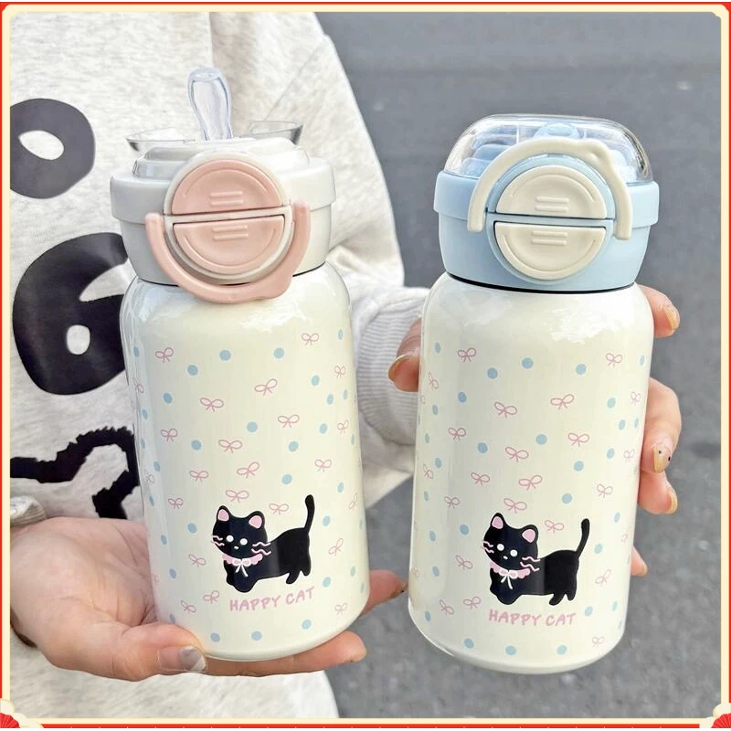 不锈钢小猫咪波点保温杯女生学生吸管高颜值猫猫可爱保温水杯Y