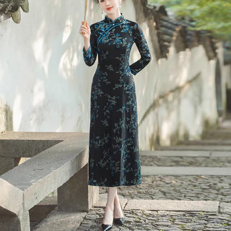 8861上上喜冬季加绒加厚保暖修身时尚优雅A摆长旗袍