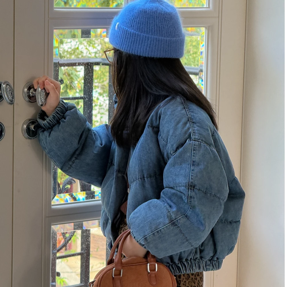 儿童冬季面包服秋冬新款韩版女宝宝短款牛仔蓝立领上衣男童棉服潮