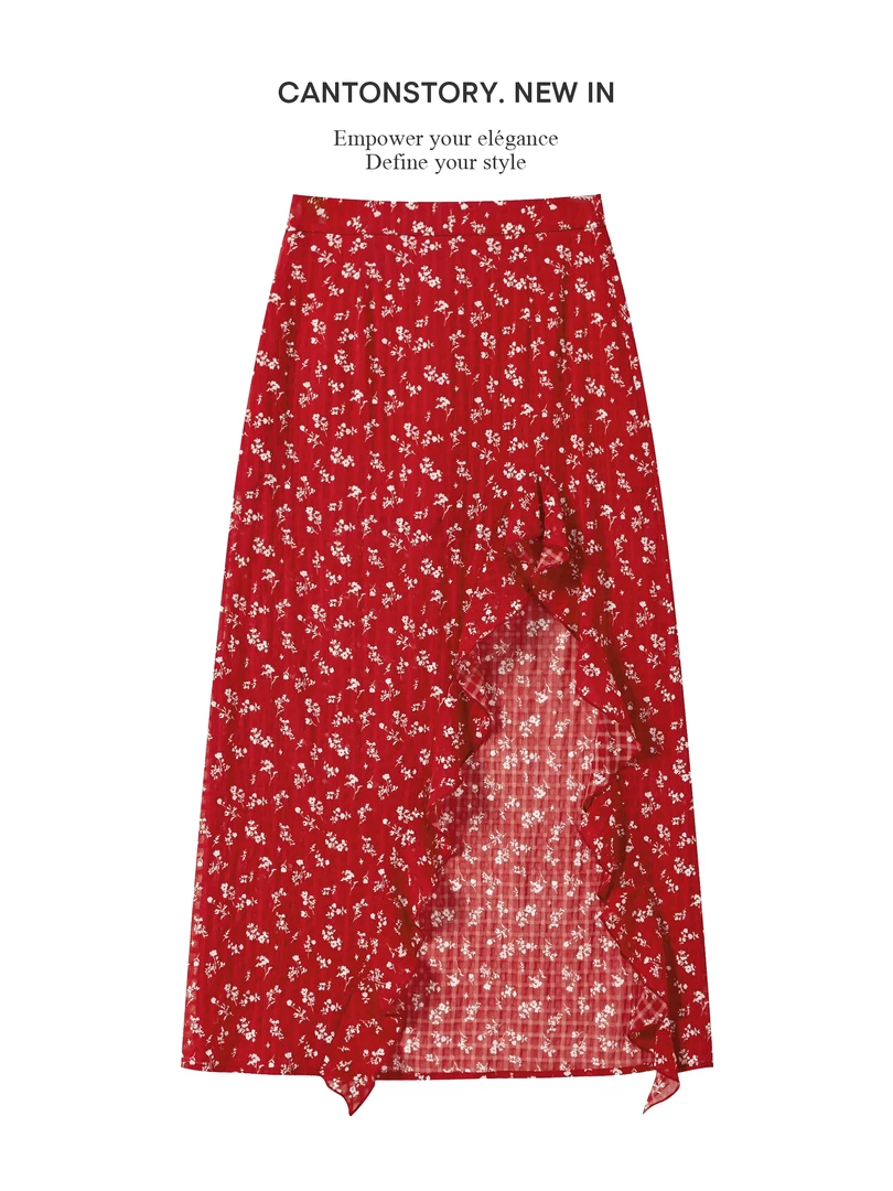 羊城故事-红色碎花裙女2025新款设计百搭半身裙Y50651094