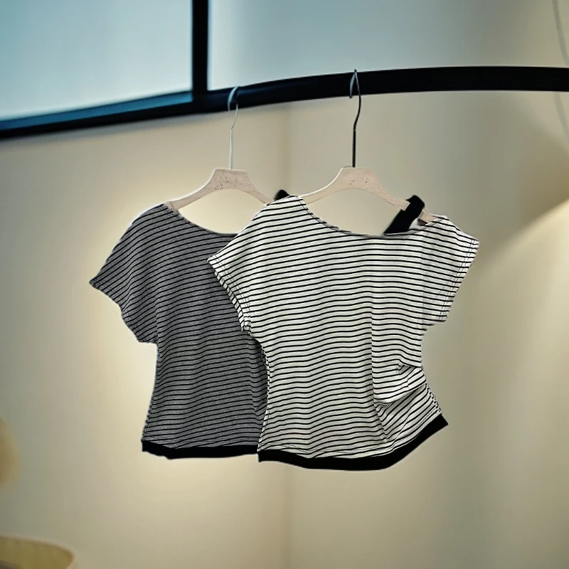 7098漏肩不规则T恤女款时尚百搭简约显瘦T恤