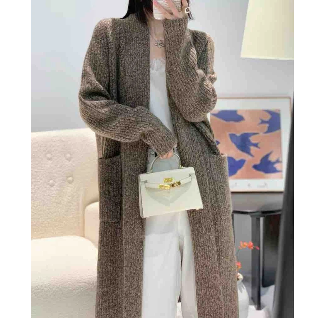 羊绒翻领口袋中长款针织开衫 秋冬气质款百搭休闲开衫622