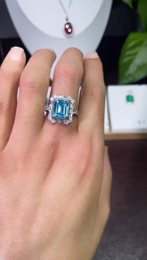 合金合成钻石浅海蓝戒指