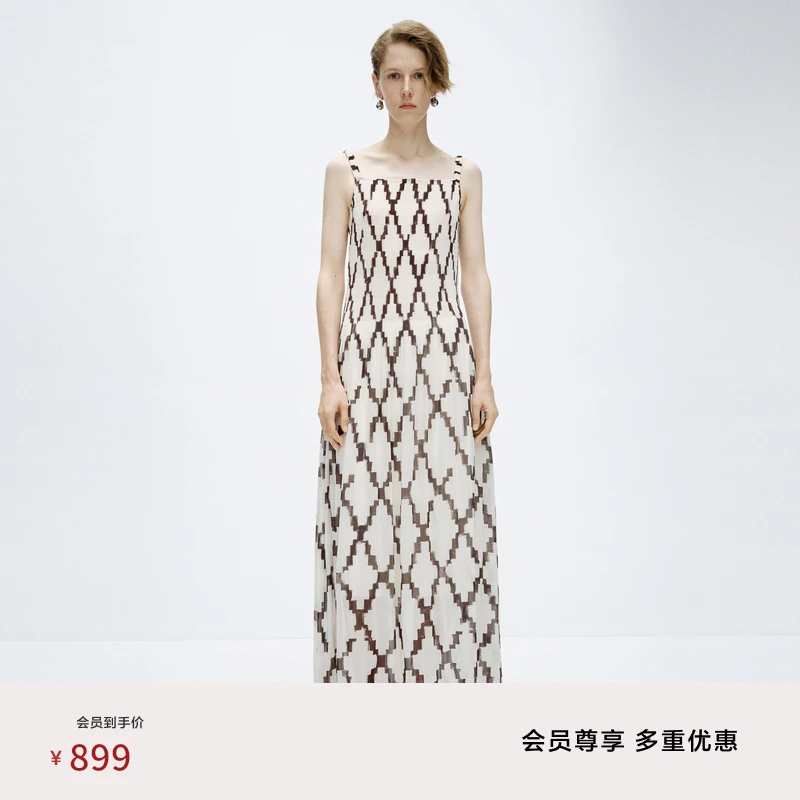 edition欧若风春新款吊带裙女复古菱格压褶气质连衣裙#EBD1DRSK06