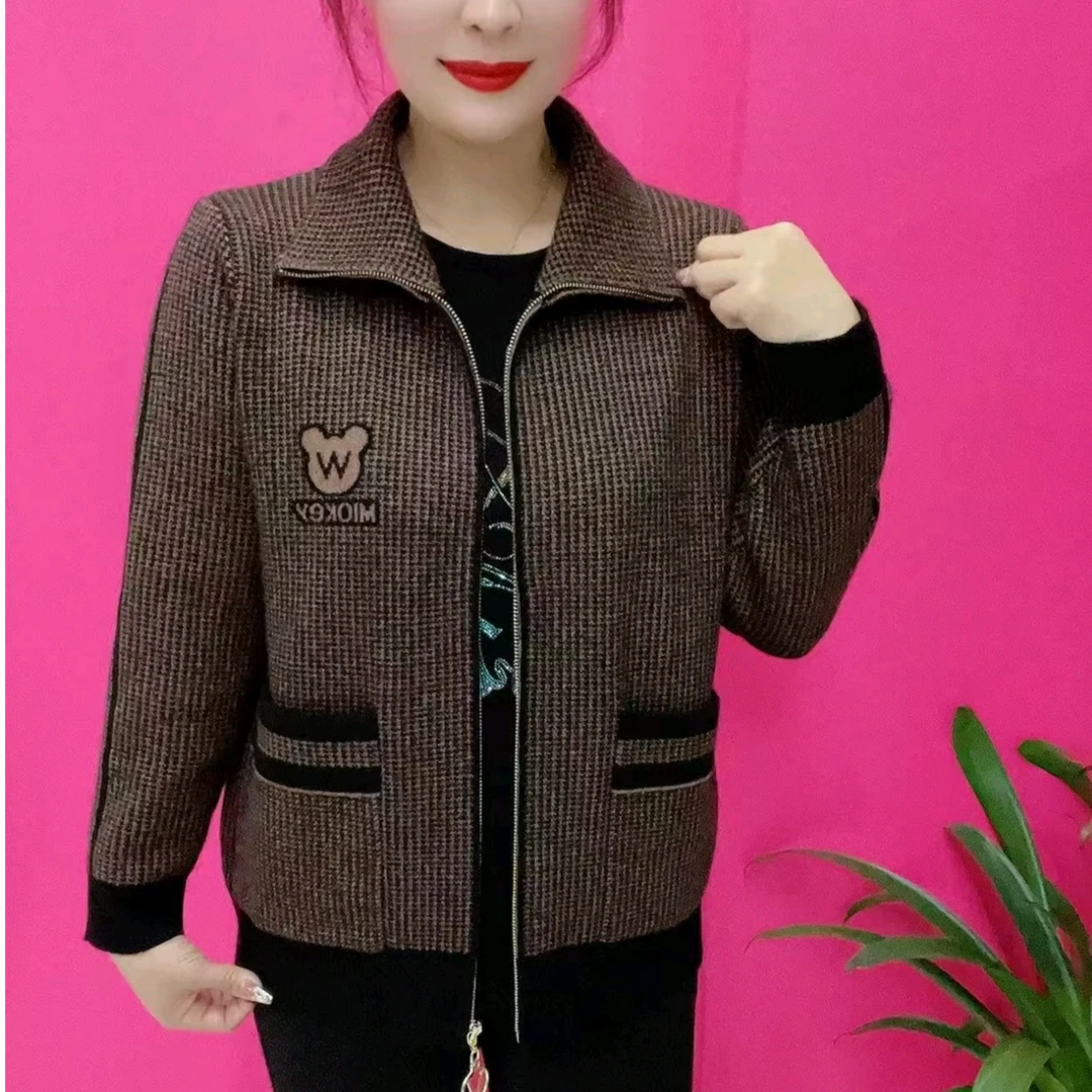 洋气妈妈休闲减龄针织外套2025秋季新款气质女士简约拼接拉链外套