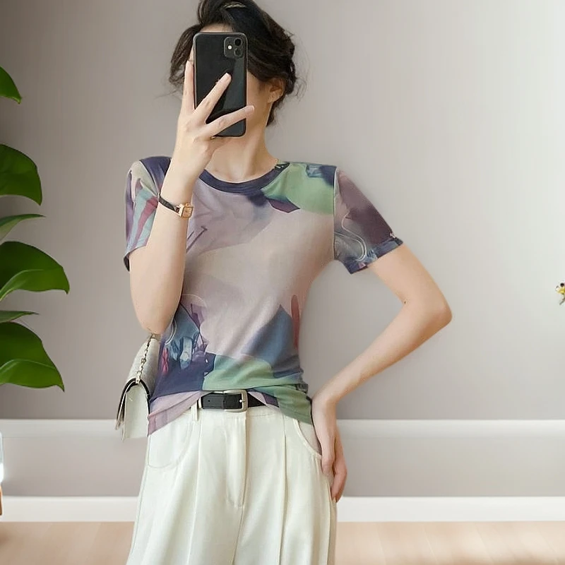夏季网纱短袖女款爆款2025新款洋气衣服高档气质纱衣t恤时髦上衣
