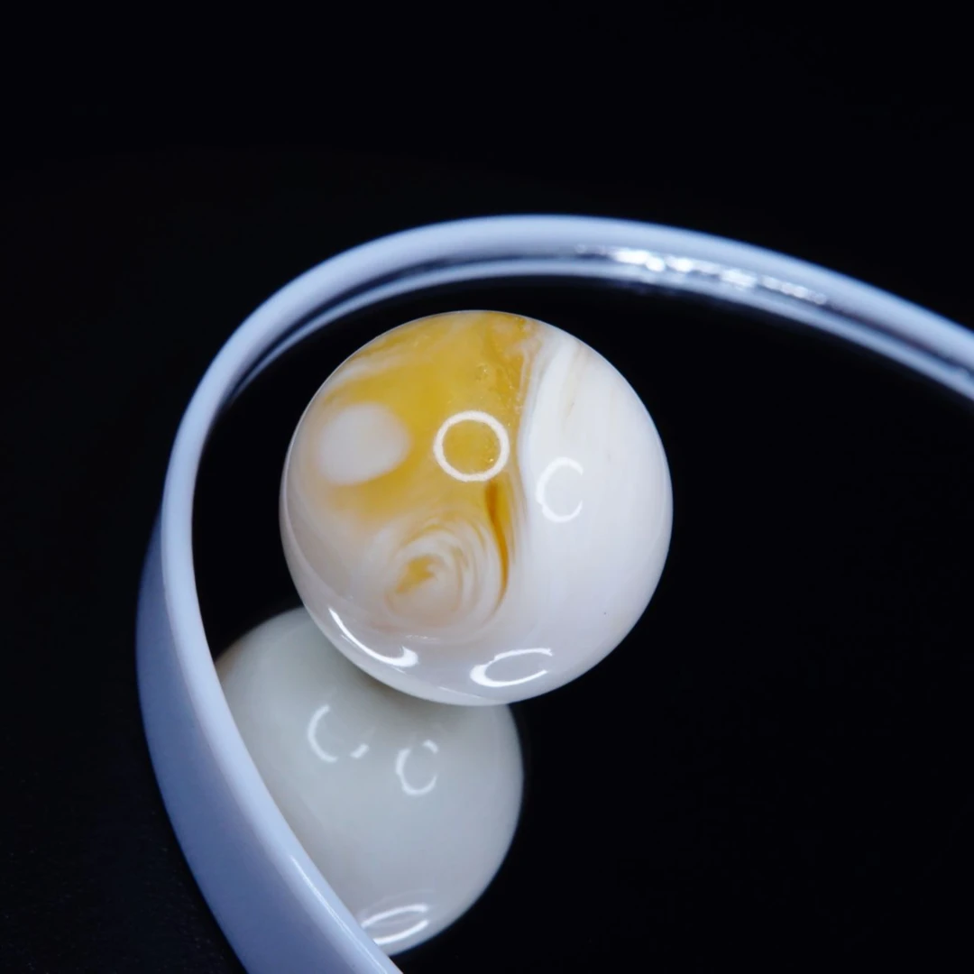 「太极」21.5mm金漆白溶洞拉丝圆珠 天然琥珀蜜蜡高端精品文玩配饰