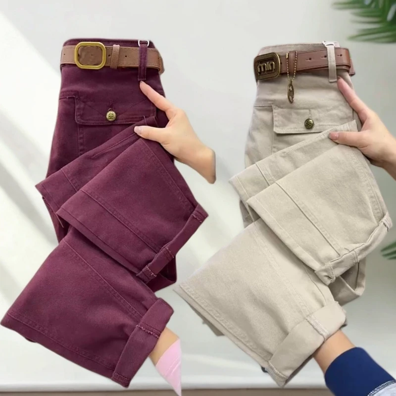 水洗棉工装直筒裤女春季新款高腰显瘦卷边休闲裤宽松百搭运动裤