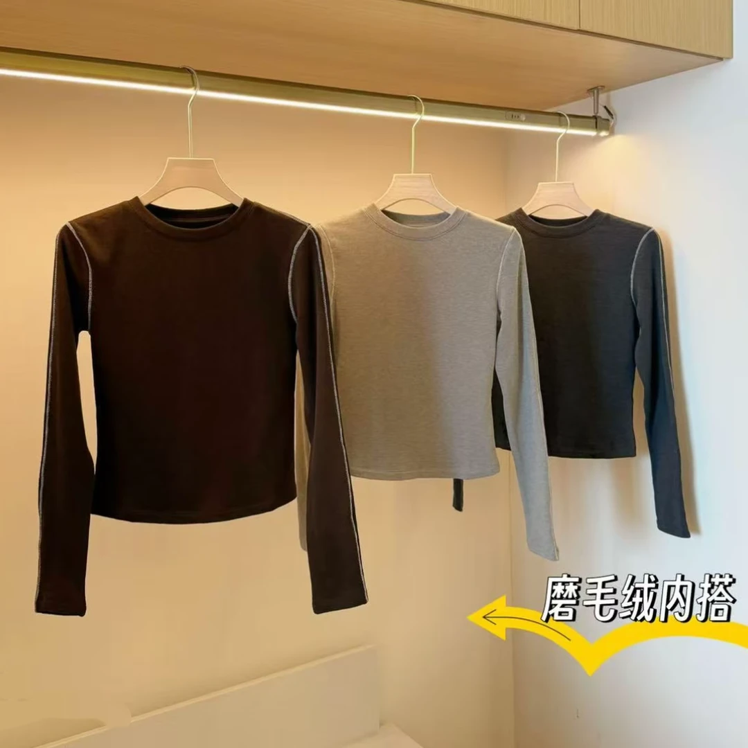 磨毛保暖圆领修身显瘦长袖打底T恤2025冬季新款女士时尚百搭上衣