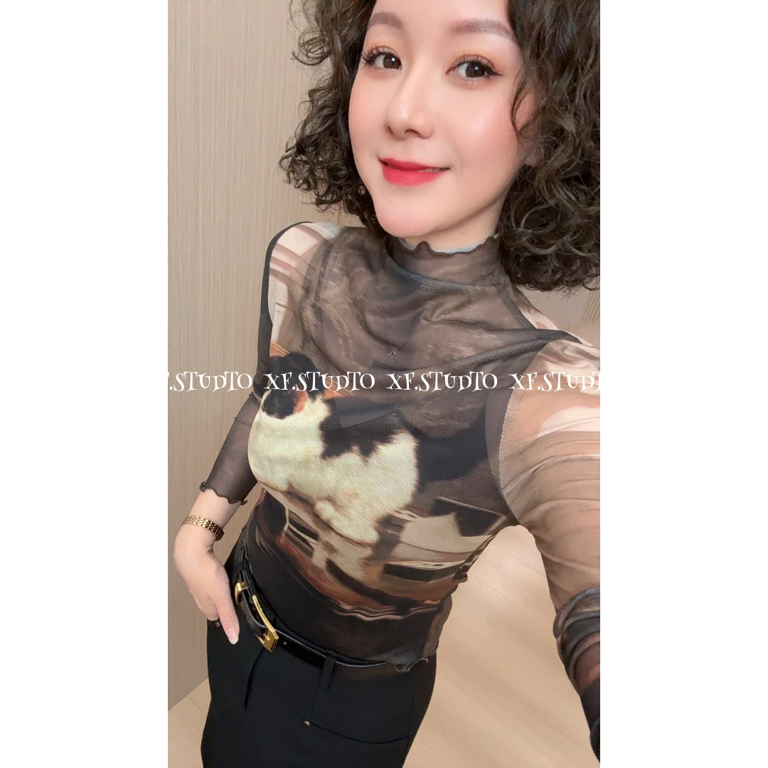 【小凤X定制单层】时尚百搭高弹力定位猫木耳边网纱上衣